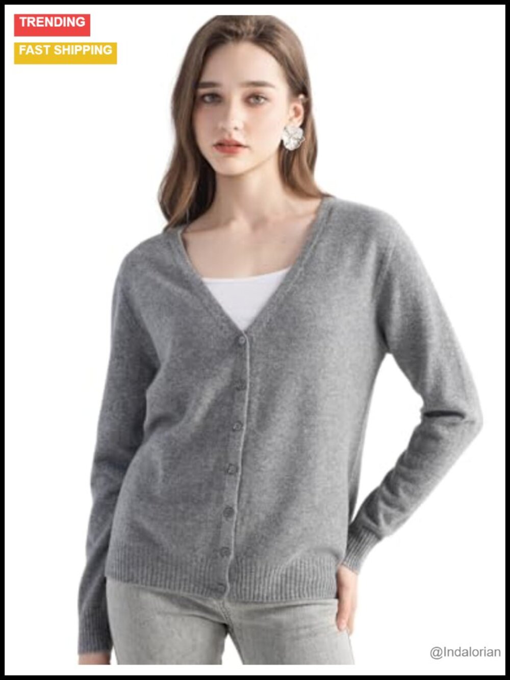 100% Pure Cashmere Cardigan V-Neck Long Sleeve Seamless Knit Sweater